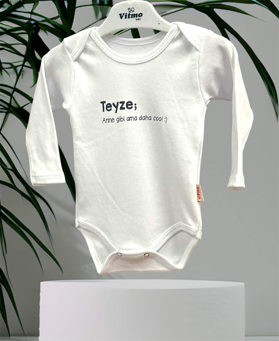 Özel Tasarım Teyze Gibi %100 Doğal Pamuk Organik Baskılı Çıtçıtlı Uzun Kollu Body Zıbın Bebek Badi