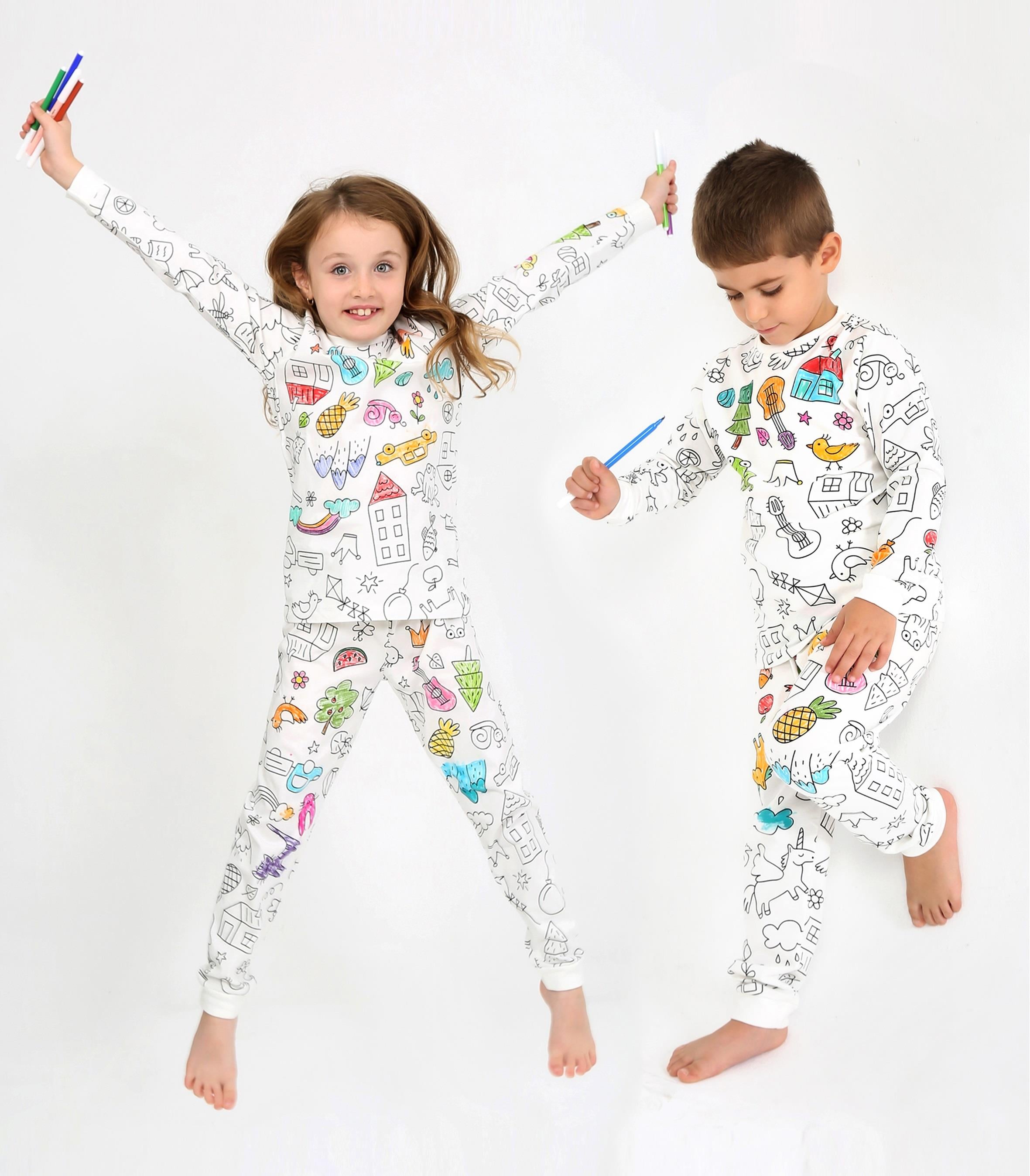 Uzun Kollu Özel Kalem Hediye BOYANABİLİR Kız Erkek Çocuk Pijama Takımı (Yıkama Sonrası Leke Bırakm