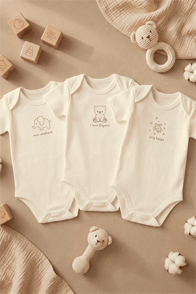 %100 Pamuk I Love Organic Sevimli Baskılı 3'lü Çıtçıtlı Kısa Kollu Bebek Body Seti , Zıbın, 0-6 Yaş