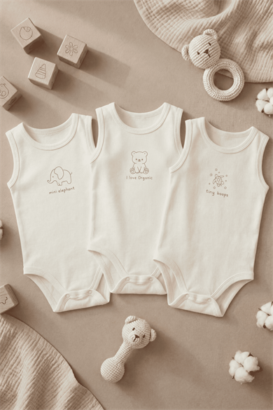 %100 Pamuk I Love Organic Sevimli Baskılı 3'lü Çıtçıtlı Askılı Bebek Body Seti , Zıbın, 0-6 Yaş