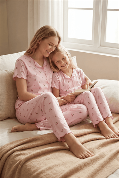 Anne & Kız Pamuklu Önden Dikişli Kısa Kollu Pijama Takımı