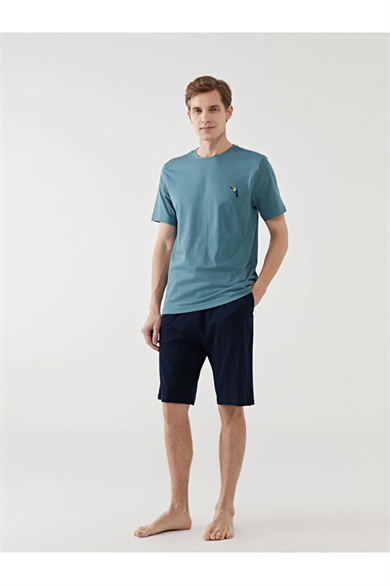 Erkek Basic Kısa Kollu Bermuda Petrol Renk Pijama Takımı