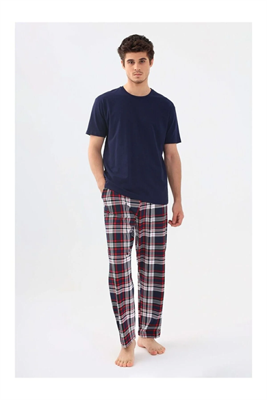 Erkek Basic Kısa Kollu Lacivert Uzun Alt Ekoseli Pijama Takımı