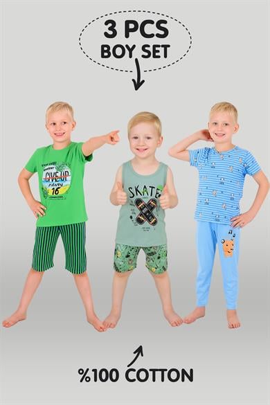 Erkek Çocuk 3'lü %100 Pamuklu 1-2-3 Yaş Pijama Takımı Model:115