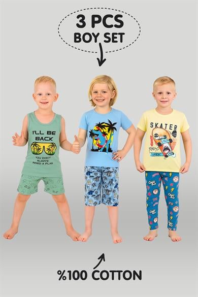 Erkek Çocuk 3'lü %100 Pamuklu 1-2-3 Yaş Pijama Takımı Model:113