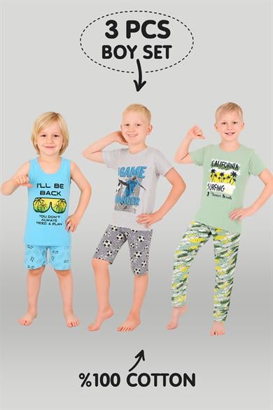 Erkek Çocuk 3'lü %100 Pamuklu 1-2-3 Yaş Pijama Takımı Model:114