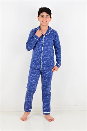 Erkek Çocuk Düğmeli Yağmur Desen Uzun Pijama Takımı
