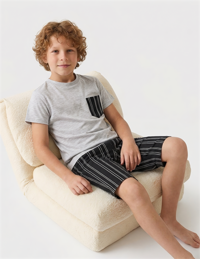 Erkek Çocuk Kısa Kollu %100 Pamuklu Uzun Pijama Takımı Line