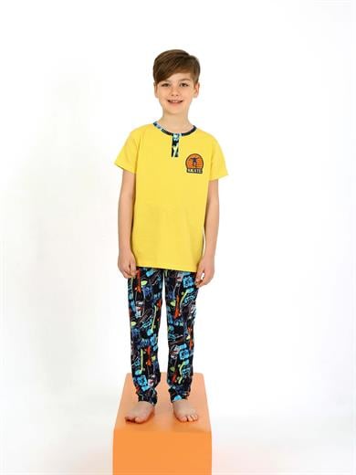 Erkek Çocuk Kısa Kollu Düğme Detaylı %100 Pamuklu Pijama Takımı Skate