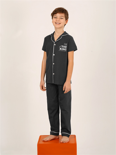 Erkek Çocuk Kısa Kollu Düğmeli %100 Pamuklu Pijama Takımı The King