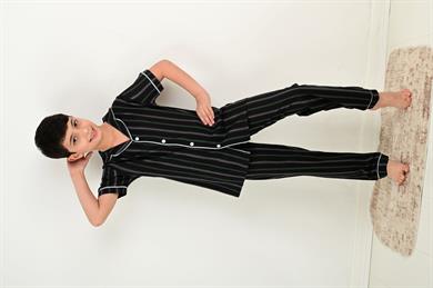 erkek çocuk kısa kollu düğmeli pijama takımı atlas model siyah