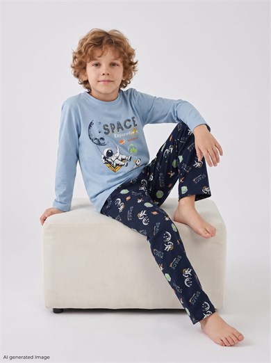 Erkek Çocuk Uzun Kollu %100 Pamuklu Pijama Takımı Space Lesson