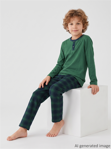Erkek Çocuk Uzun Kollu Düğme Detaylı %100 Pamuklu Pijama Takımı Evergreen