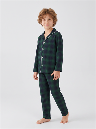 Erkek Çocuk Uzun Kollu Düğmeli %100 Pamuklu Pijama Takımı Yeşil Ekose