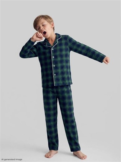 Erkek Çocuk Uzun Kollu Düğmeli %100 Pamuklu Pijama Takımı Yeşil Ekose