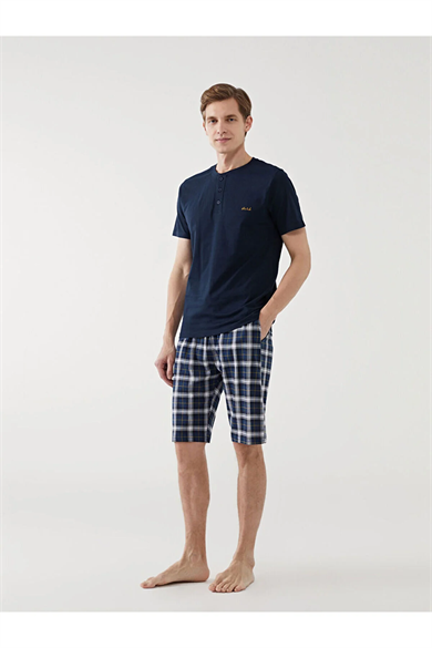 Erkek Düğme Detaylı Kısa Kollu Bermuda Lacivert Pijama Takımı