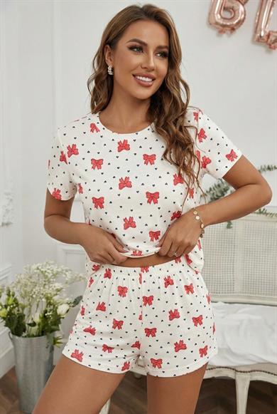 Kadın Pamuklu Basic Kısa Kollu Şortlu Fiyonk Desenli Pijama Takımı