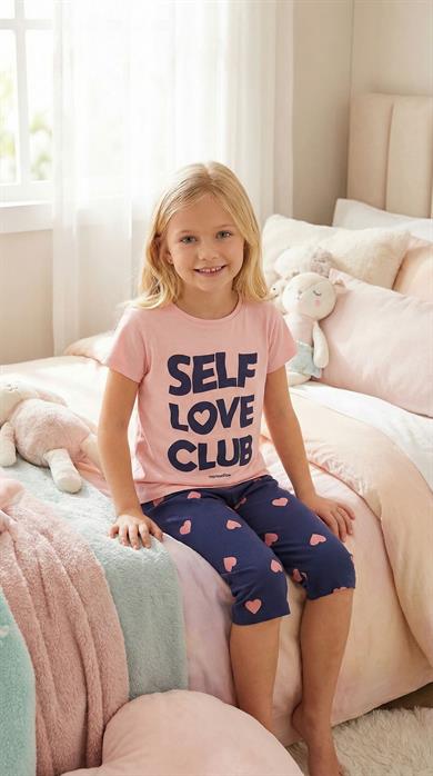 Kız Çocuk Kısa Kollu %100 Pamuk Kapri Pijama Takımı Self Love