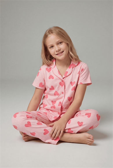 Kız Çocuk Kısa Kollu %100 Pamuklu Düğmeli Pijama Takımı Soft Heart