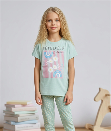 Kız Çocuk Kısa Kollu %100 Pamuklu Pijama Takımı Sunshine