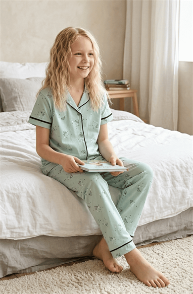 Kız Çocuk Kısa Kollu Düğmeli %100 Pamuklu Pijama Takımı Night Bear