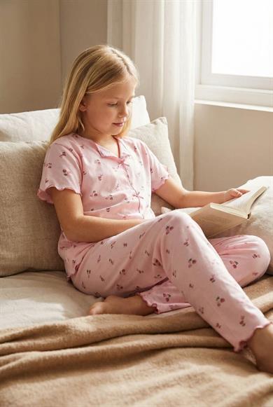 Kız Çocuk Pamuklu Önden Dikişlı Kısa Kollu Pijama Takımı Yeni Sezon