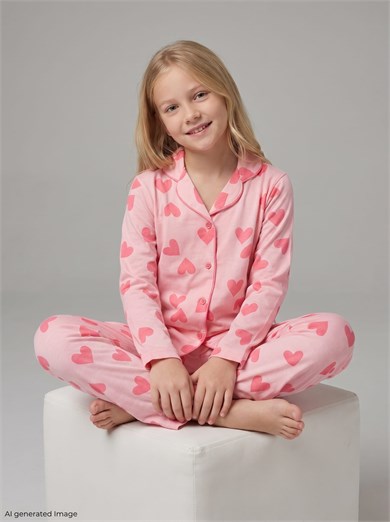 Kız Çocuk Uzun Kollu %100 Pamuklu Düğmeli Pijama Takımı Pera