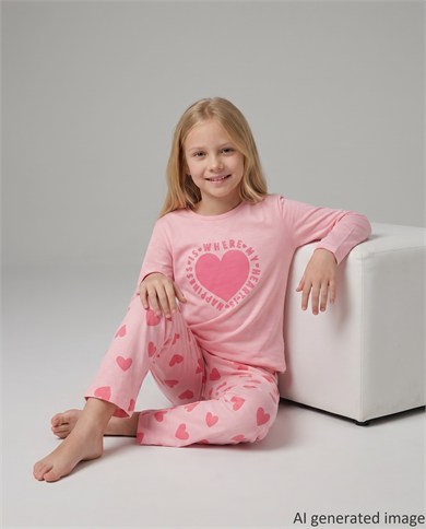 Kız Çocuk Uzun Kollu %100 Pamuklu My Heart Pijama Takımı