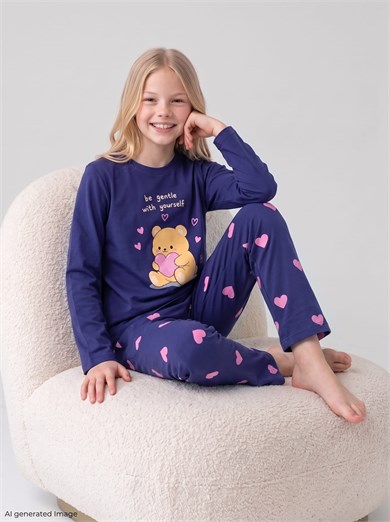 Kız Çocuk Uzun Kollu %100 Pamuklu Pijama Takımı Mor Kalpli