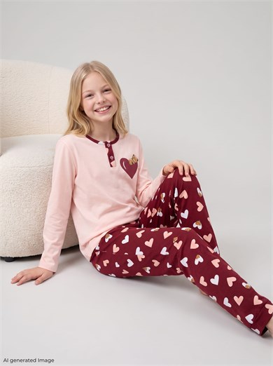 Kız Çocuk Uzun Kollu Düğme Detaylı %100 Pamuklu Pijama Takımı Huggy