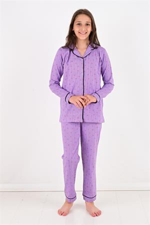 Kız Düğmeli Çizgili Kalpli Pijama Takımı