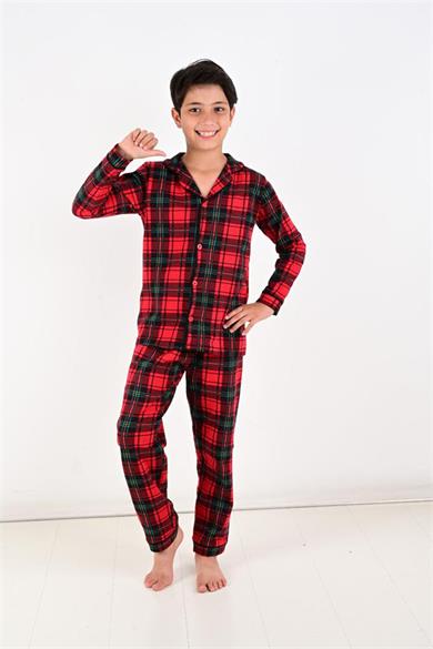 Kız / Erkek Çocuk Uzun Kollu Düğmeli Pamuklu Yeni Yıl Pijama Takımı