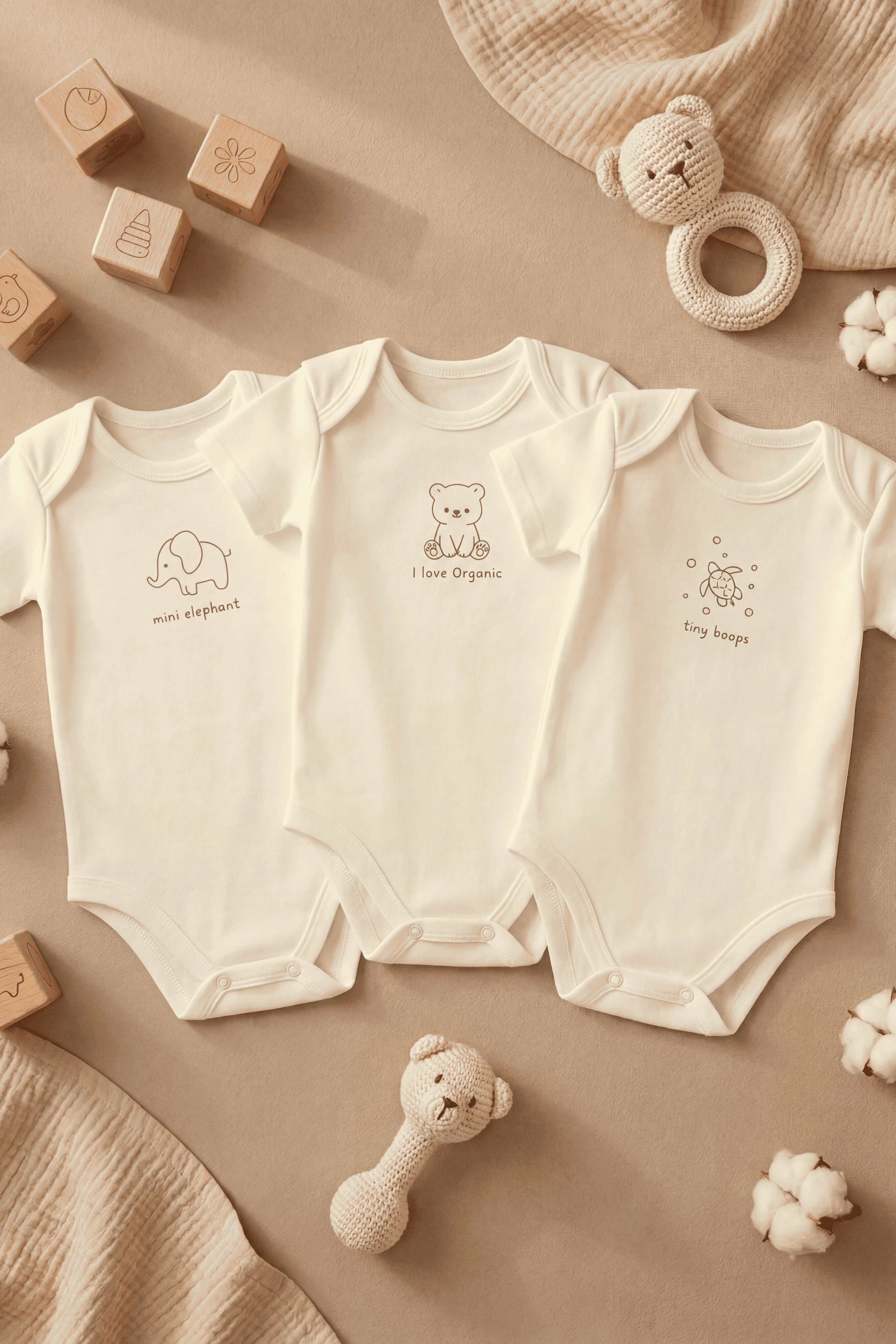 %100 Pamuk I Love Organic Sevimli Baskılı 3'lü Çıtçıtlı Kısa Kollu Bebek Body Seti , Zıbın, 0-6 Yaş