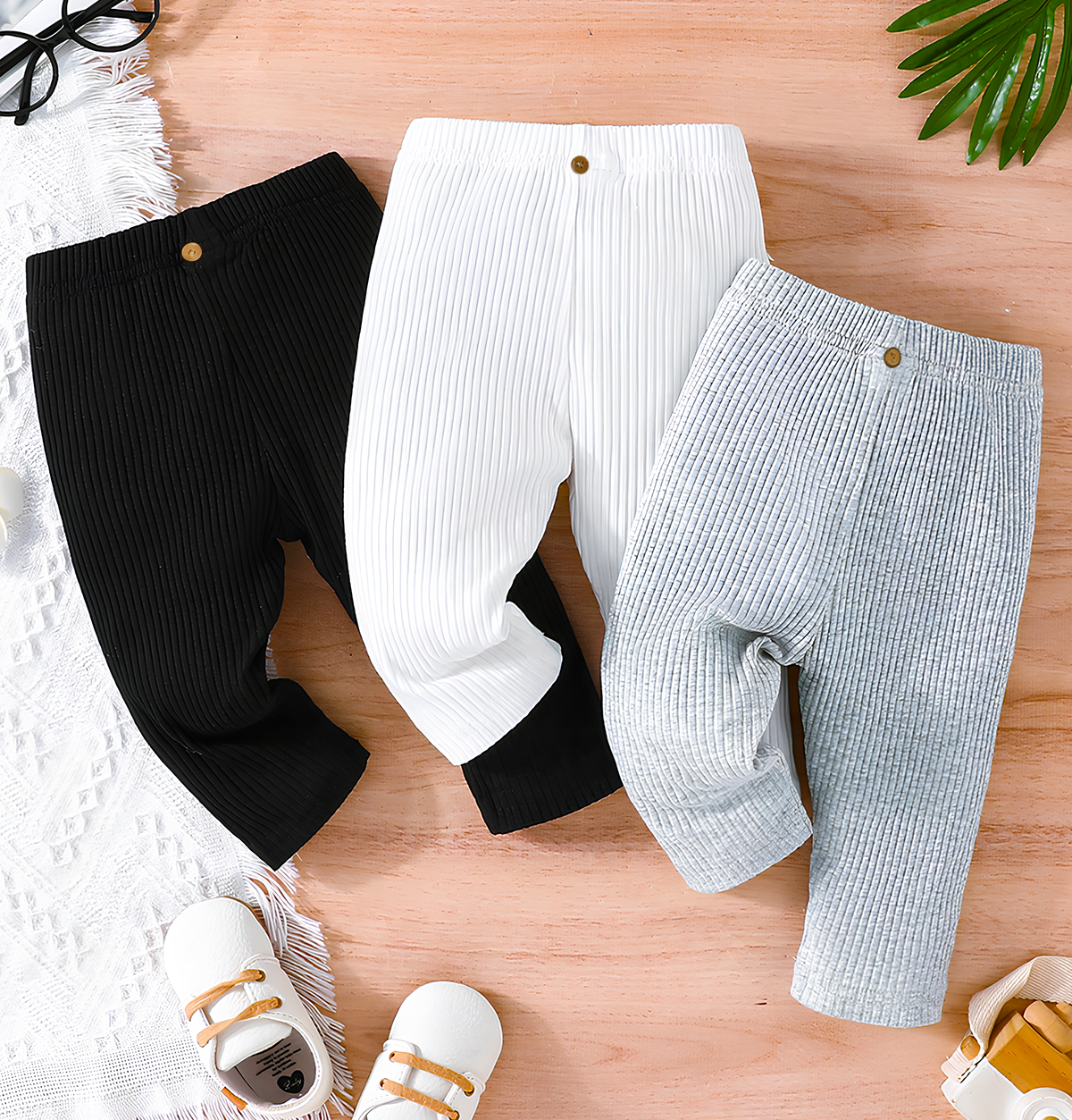 3'lü Bebek Pamuklu Slim Fit Tek Alt Esnek ve Rahat Fitilli Kumaş Beyaz-Siyah-Gri