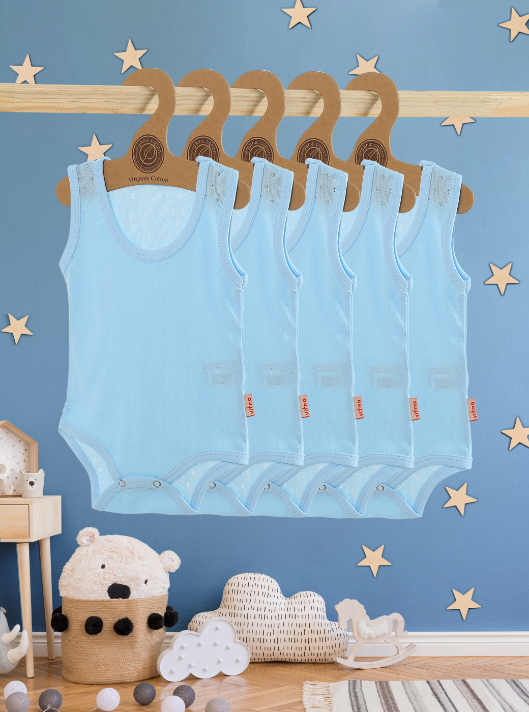 5'Li Bebek Jakarlı Askılı Nefes Alan Çıtçıtlı Body %100 Organik Pamuk