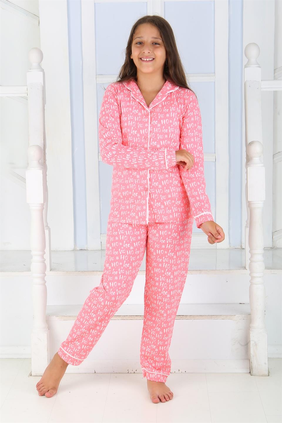 Düğmeli Kız Uzun Kollu 'Hoho' Model Pijama Takımı