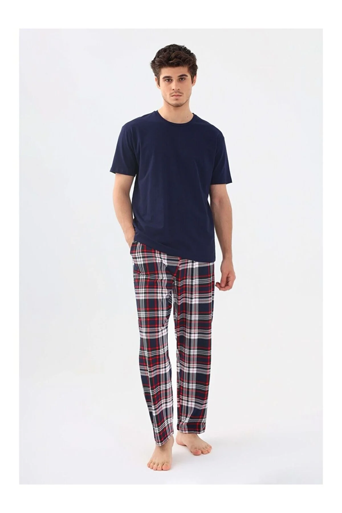 Erkek Basic Kısa Kollu Lacivert Uzun Alt Ekoseli Pijama Takımı