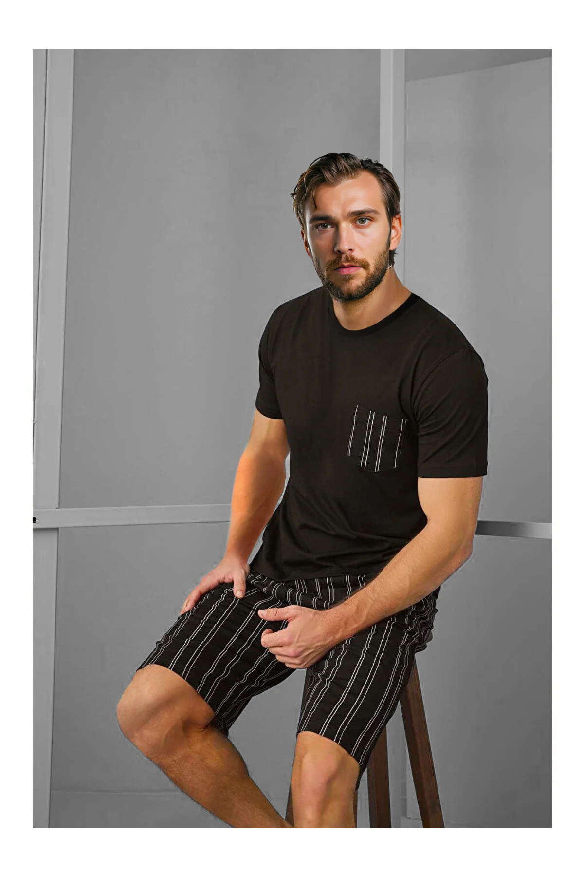 Erkek Cepli Kısa Kollu Bermuda Pijama takımı