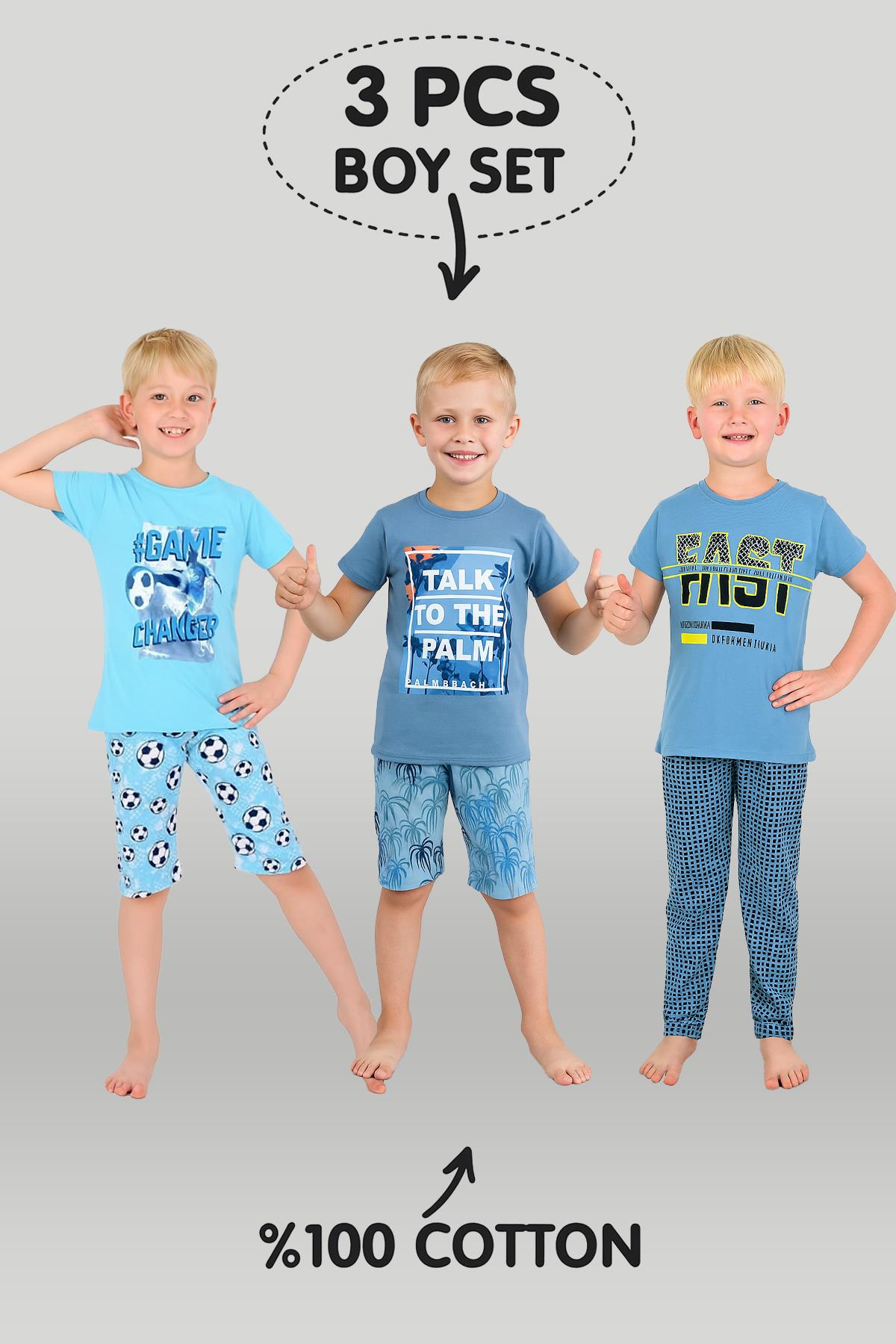 Erkek Çocuk 3'lü %100 Pamuklu 10-11-12 Yaş Pijama Takımı Model:104