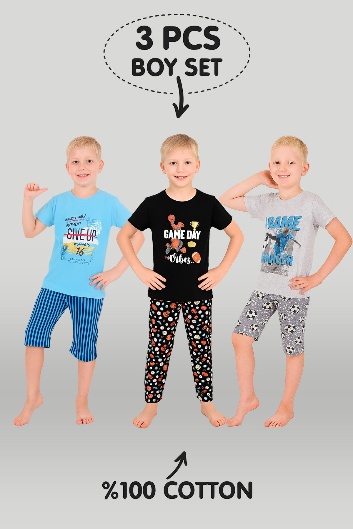 Erkek Çocuk 3'lü %100 Pamuklu 10-11-12 Yaş Pijama Takımı Model:105