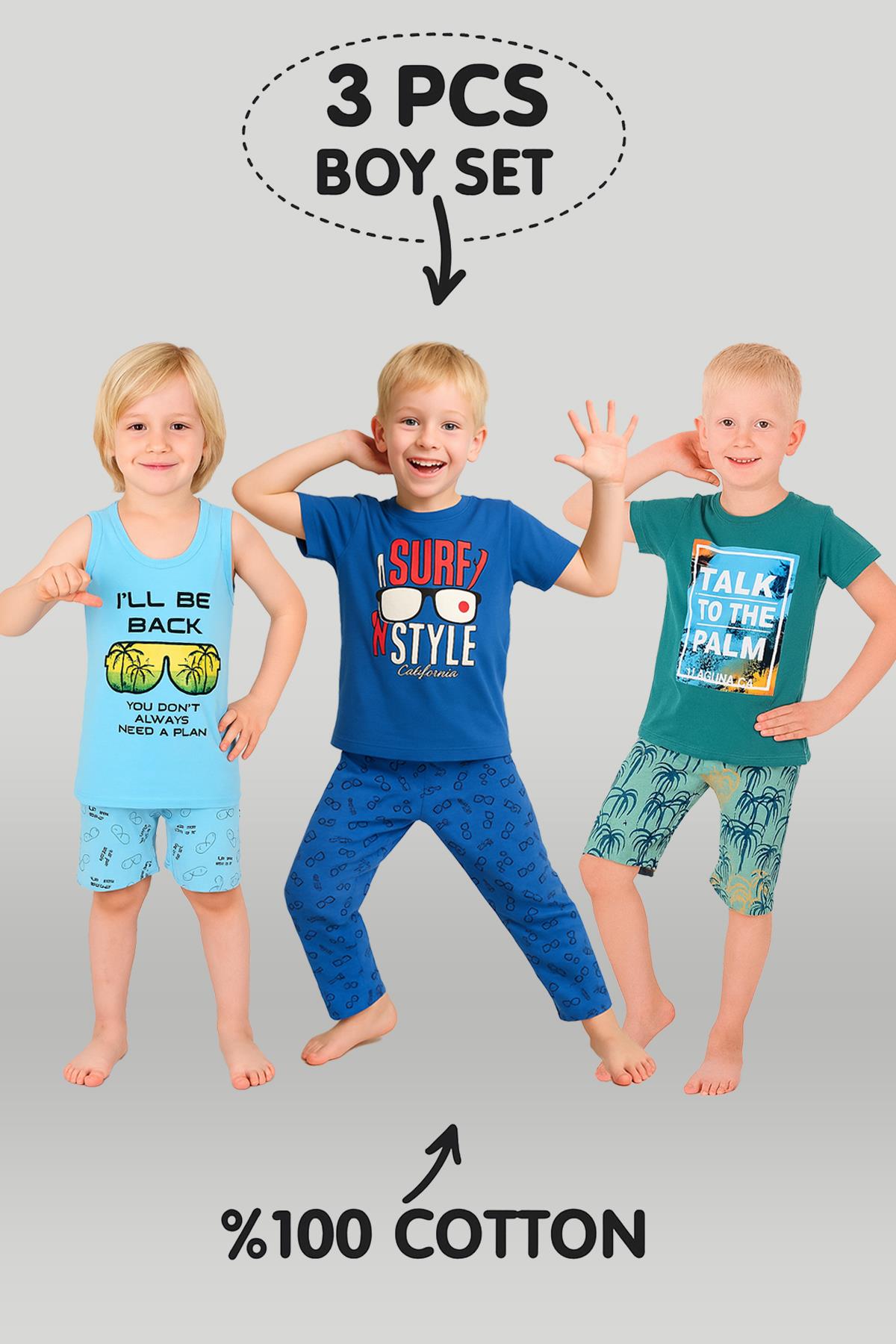Erkek Çocuk 3'lü %100 Pamuklu 4-5-6 Yaş Pijama Takımı Model:112