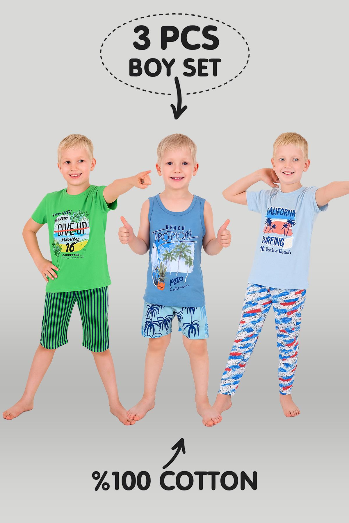 Erkek Çocuk 3'lü %100 Pamuklu 4-5-6 Yaş Pijama Takımı Model:111