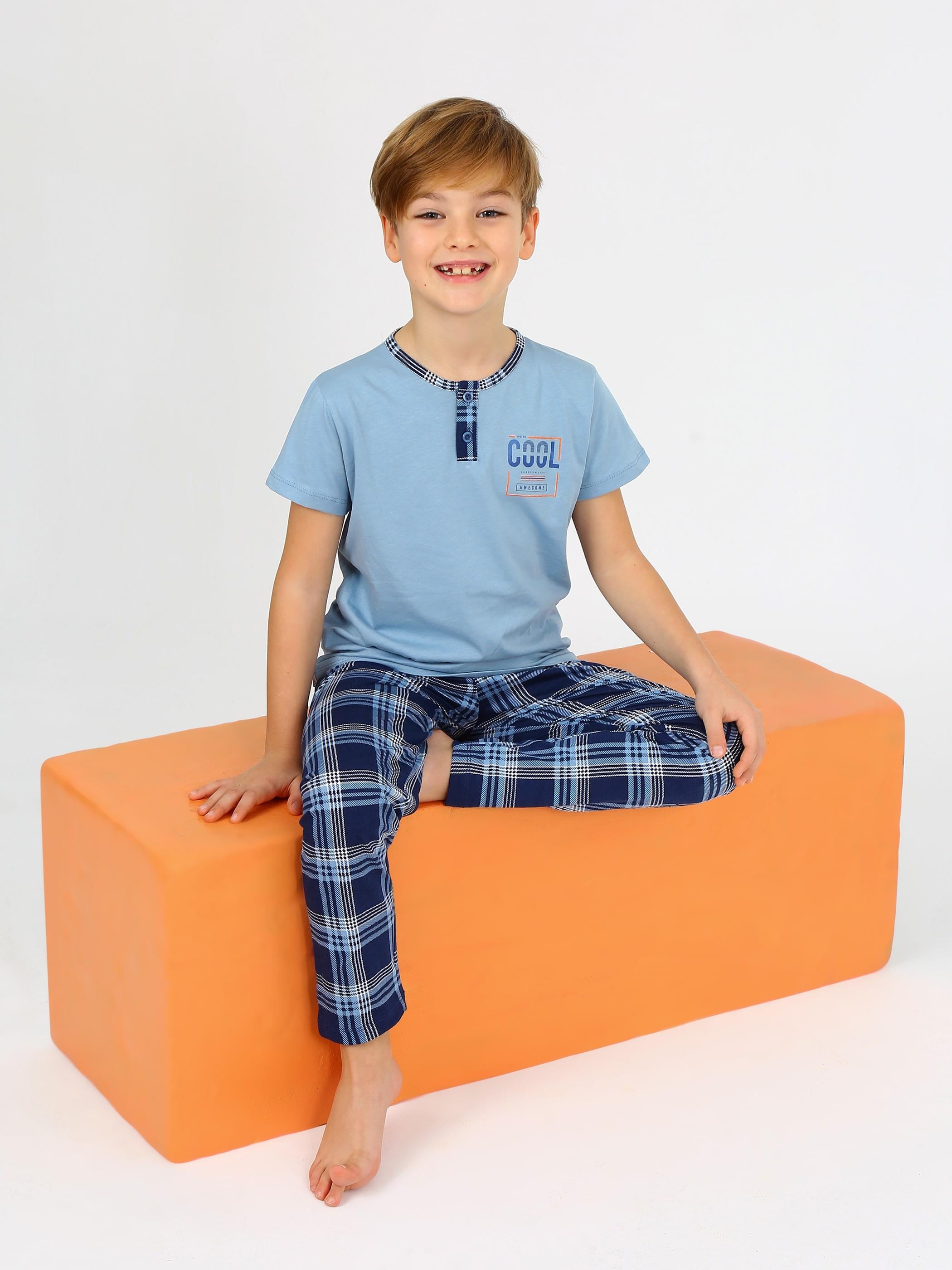 Erkek Çocuk Kısa Kollu %100 Pamuklu Düğme Detaylı Cool Boy Pijama Takımı Çağla