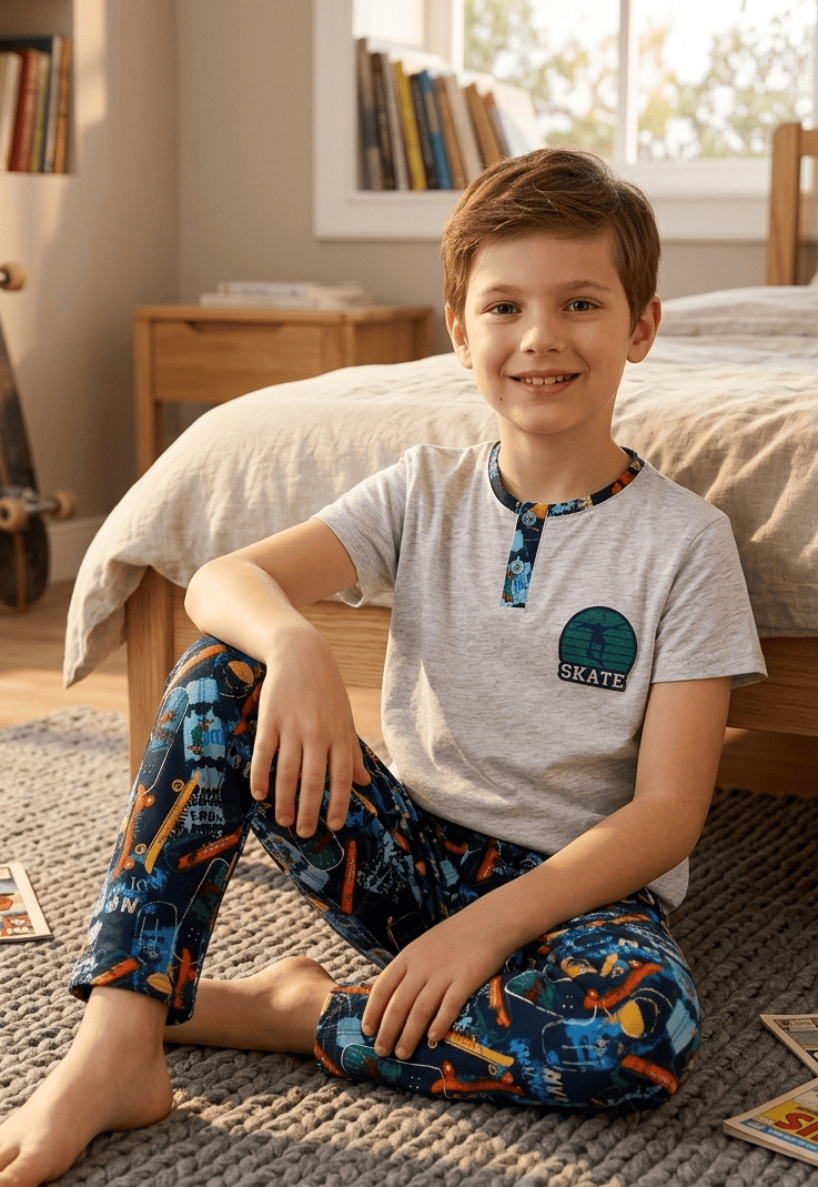 Erkek Çocuk Kısa Kollu Düğme Detaylı %100 Pamuklu Pijama Takımı Skate