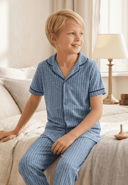 Erkek Çocuk Kısa Kollu Düğmeli %100 Pamuklu Pijama Takımı Kot Çizgili