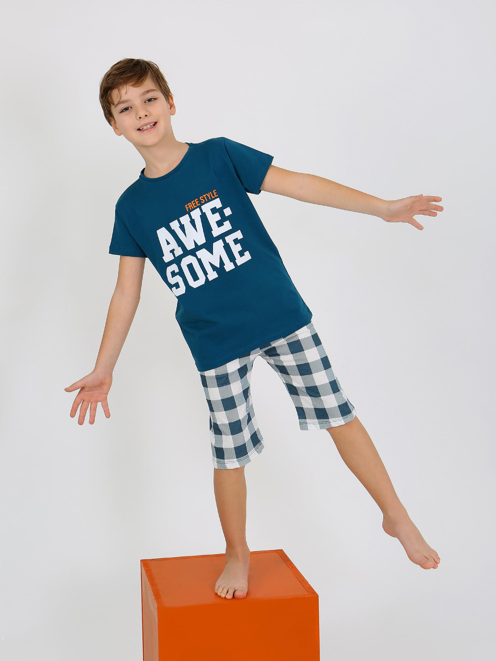 Erkek Çocuk Kısa Kollu Kapri %100 Pamuklu Pijama Takımı Awesome