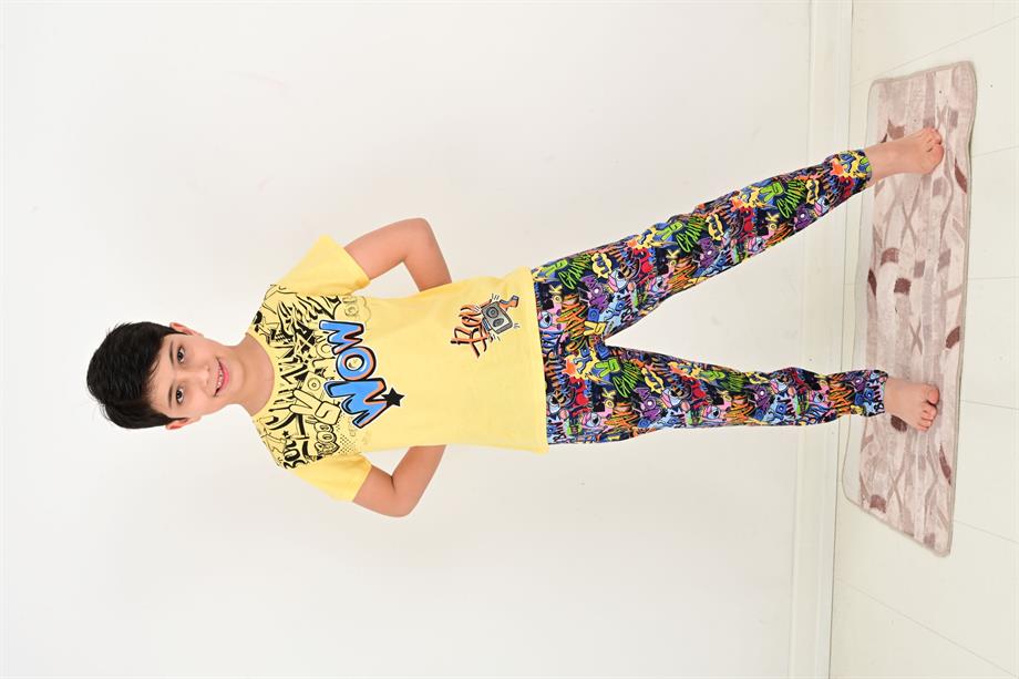 erkek çocuk kısa kollu pijama takımı wow model sarı