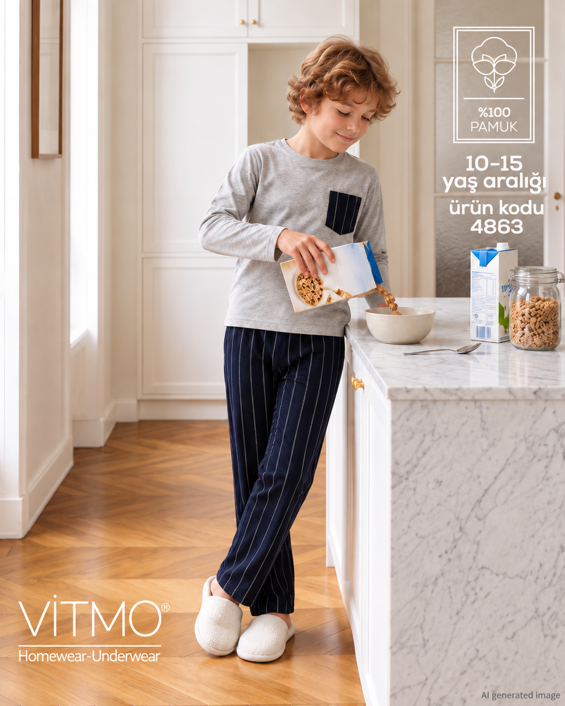 Erkek Çocuk Uzun Kollu %100 Pamuklu Cepli Bluclass Pijama Takımı