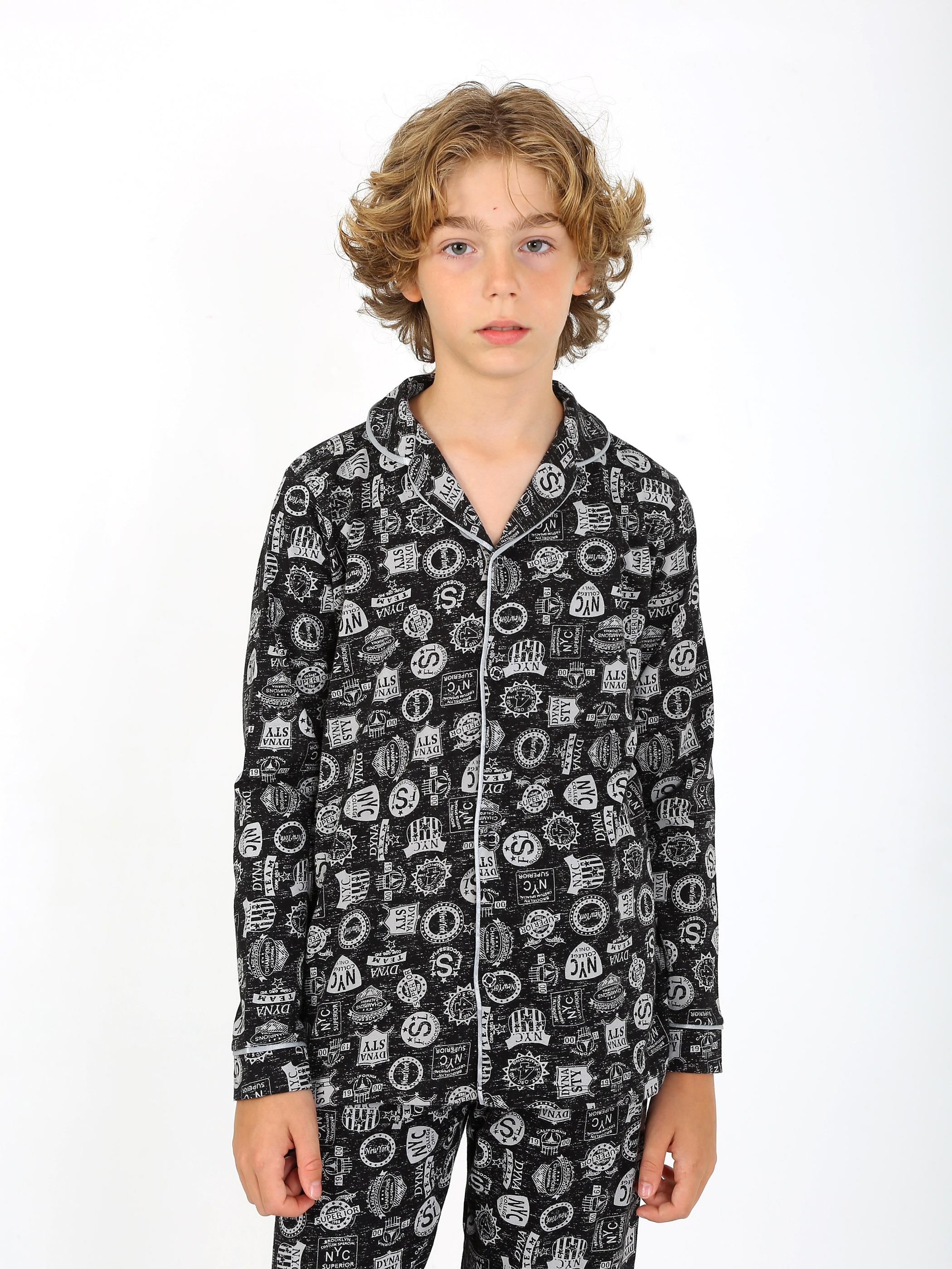 Erkek Çocuk Uzun Kollu %100 Pamuklu Düğmeli Pijama Takımı Arma Uzun