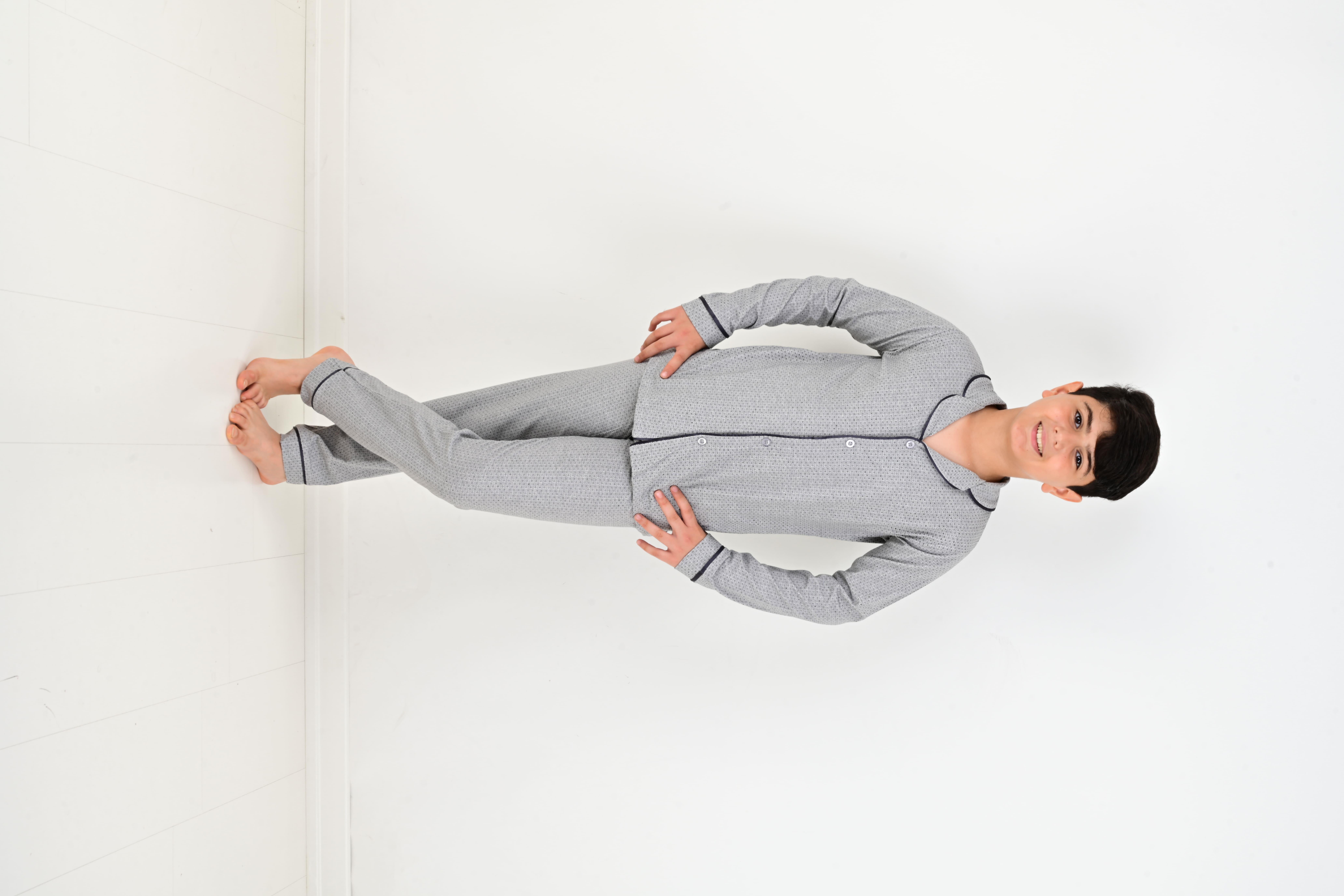 Erkek Çocuk Uzun Kollu %100 Pamuklu Düğmeli Pijama Takımı Mini Kare